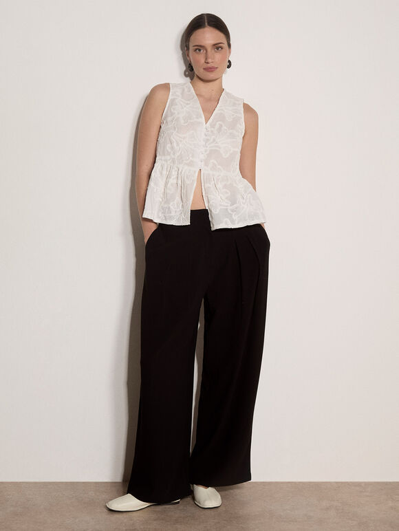 Floral Embroidered Cotton Peplum Top, White, large