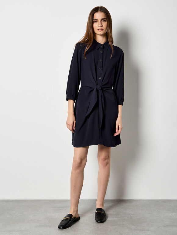 Tie Front Shirt Mini Dress, Navy, large