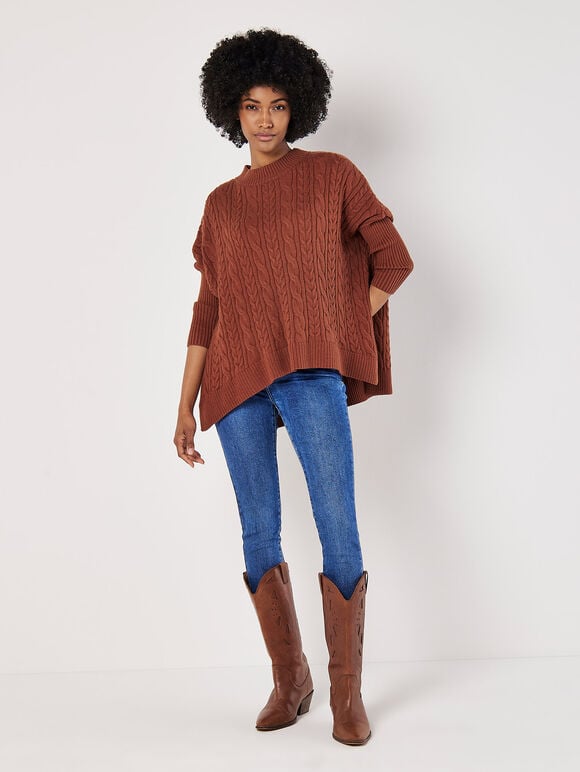 Cable Knit Oversized Jumper, Rust, large