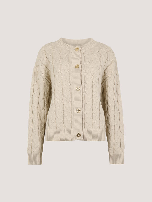 Cable Knit Button-Down Cardigan, Stone, large