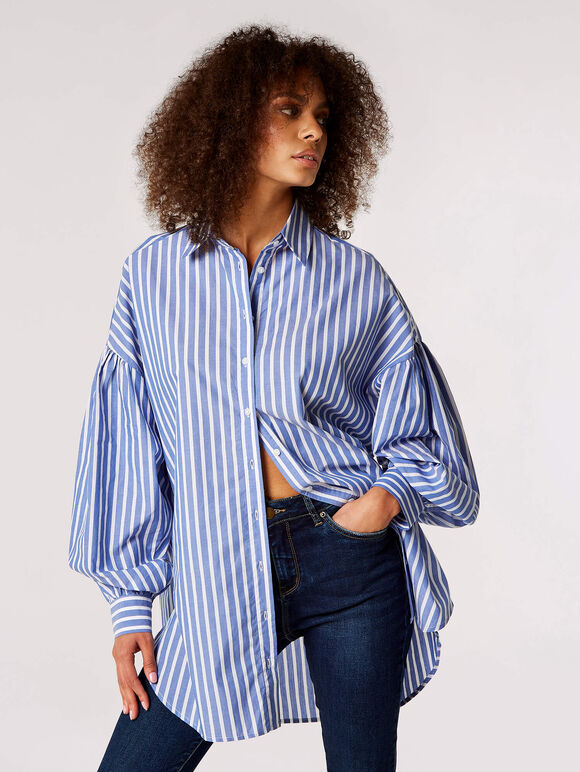 Oversized Stripe Cotton Shirt, Blue, large