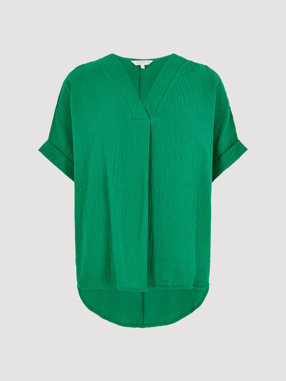 Textured Cotton Pleat Front Top, Green, large