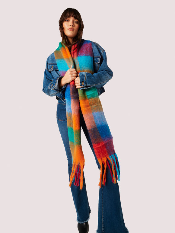Colour Block Check Square Scarf, Blue, large