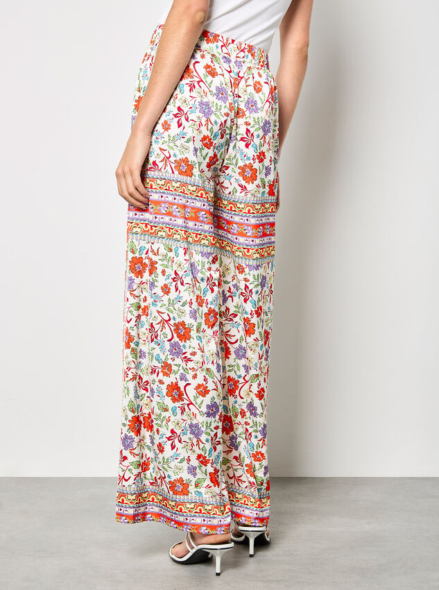 Floral Scarf Print Satin Wide-Leg Trousers, Orange, large