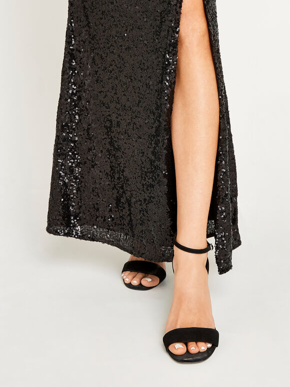Split Front Sequin Maxi Dress, Black, large