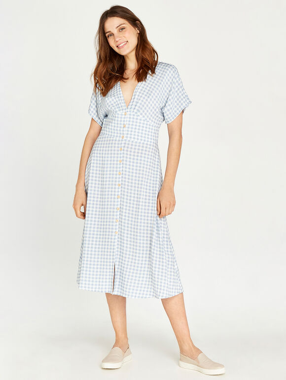Gingham Button Midi Dress, Blue, large