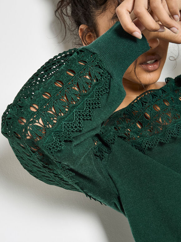 Lace Neck And Sleeve Jumper, Green, large