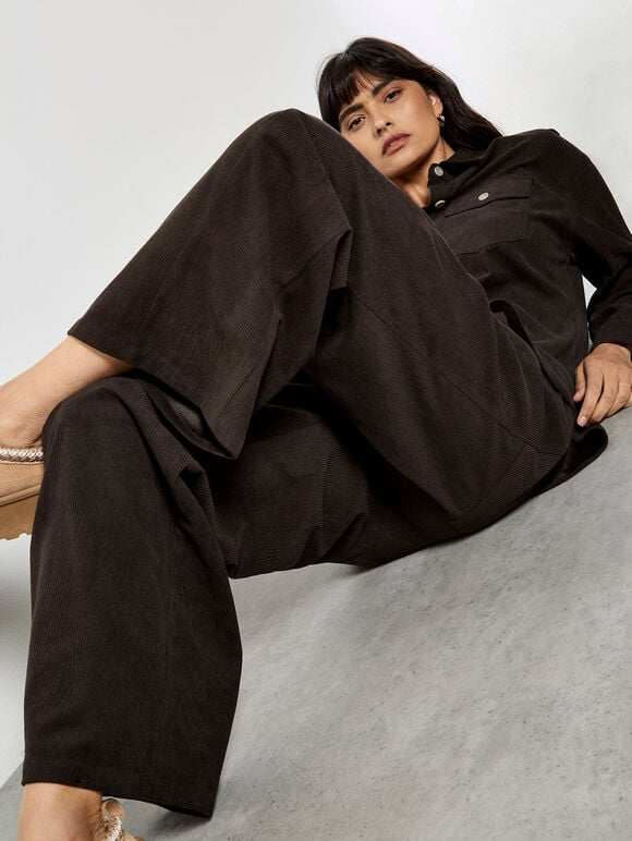 Cord Wide-Leg Trousers, Brown, large