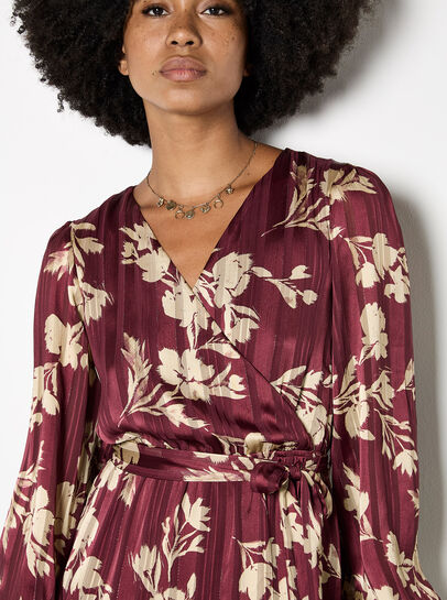 Satin Shimmer Floral Wrap Midaxi Dress