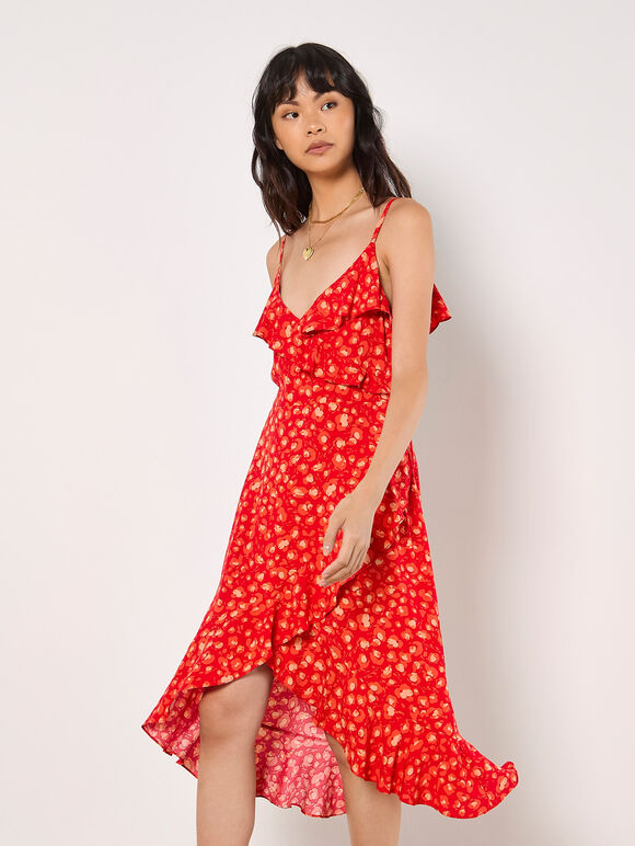 Leopard Print Ruffle Midi Dress, Red, large