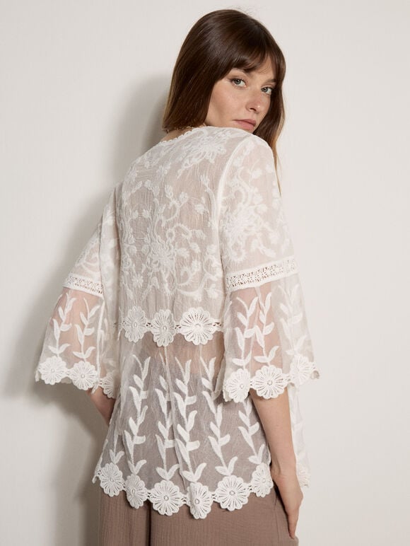 Embroidered Mesh Layered Top, White, large