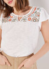 Floral Embroidered Yoke Slub T-Shirt, Coral, large