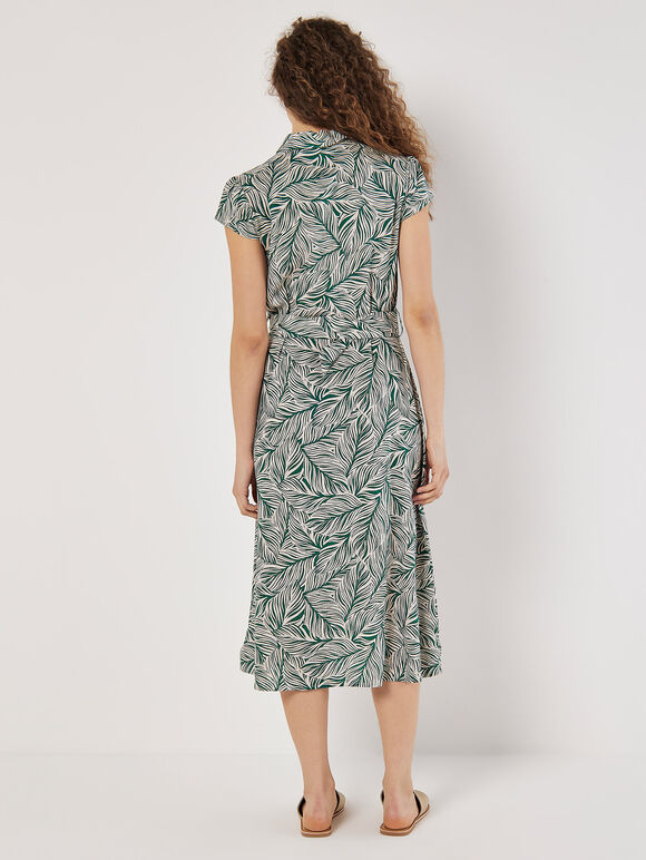 Leaf Print Shirt Midi Dress, Green, large