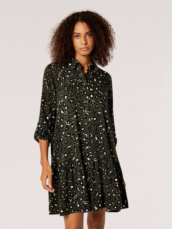 Leopard Print Swing Shirt Mini Dress, Green, large