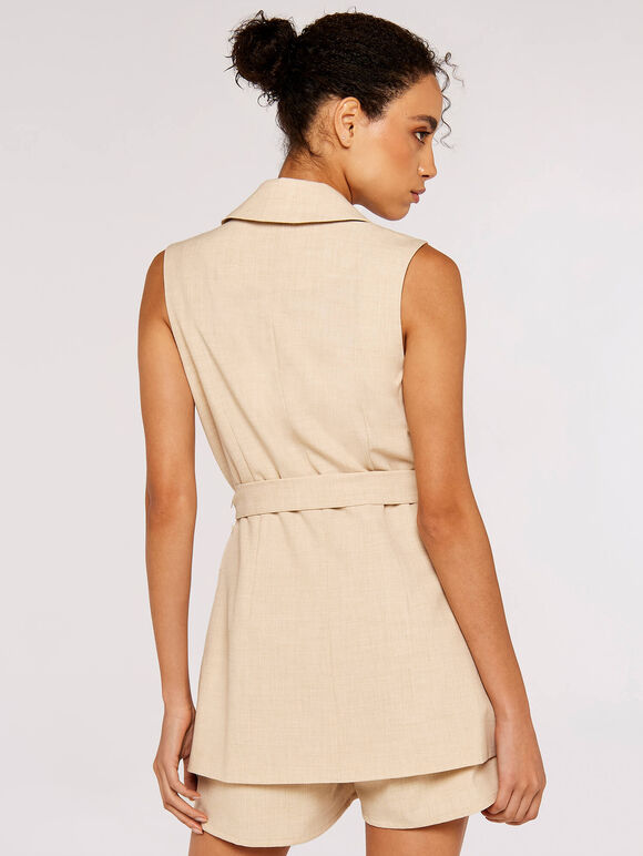 Sleeveless Tie Waist Blazer, Stone, large