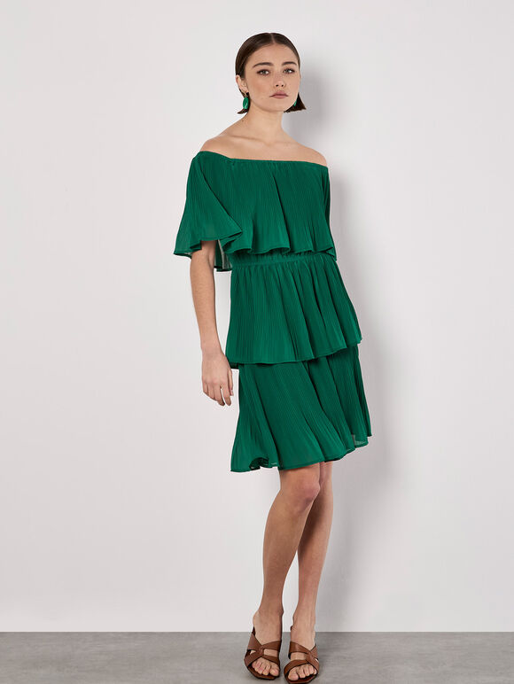 Plisse Tiered Bardot Mini Dress, Green, large