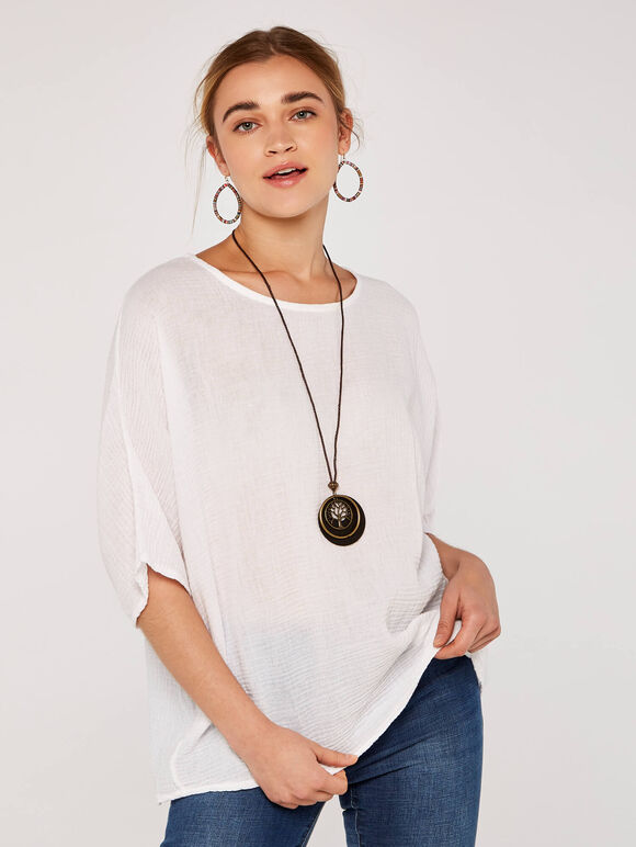 Waffle Batwing Necklace Top, Cream, large