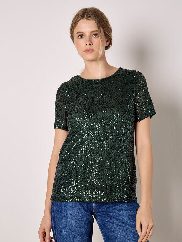 Sequin Embellished T-Shirt, Green, large