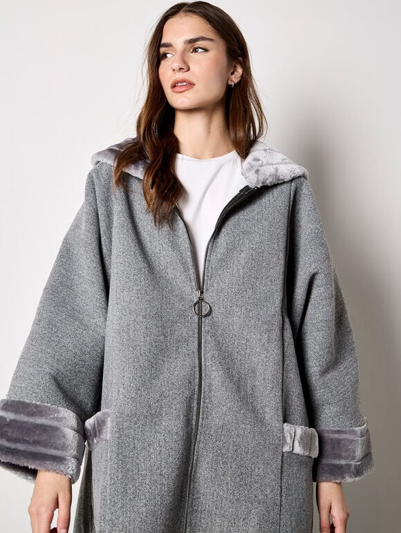 Faux Fur Zip Fleece Jacket, Grey, large