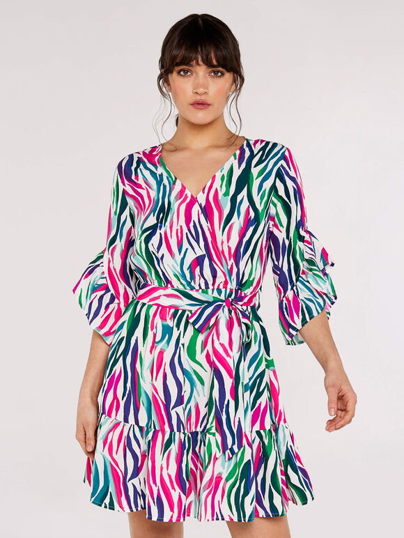 Multicolour Zebra Wrap Dress, Green, large