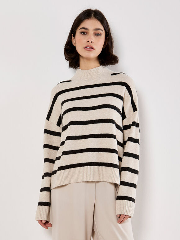 Oversized Stripe Fluffy Jumper, Stone, large