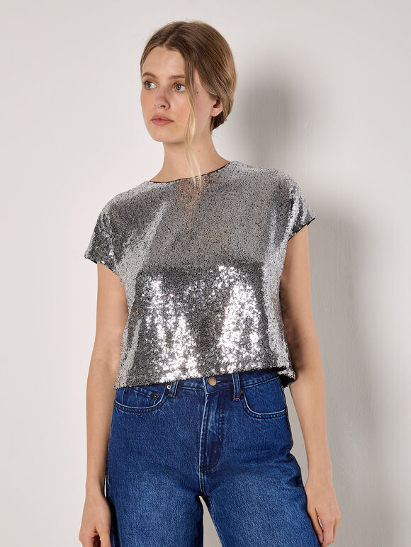 Sequin Crop T-Shirt, Dark Grey - Charcoal, large