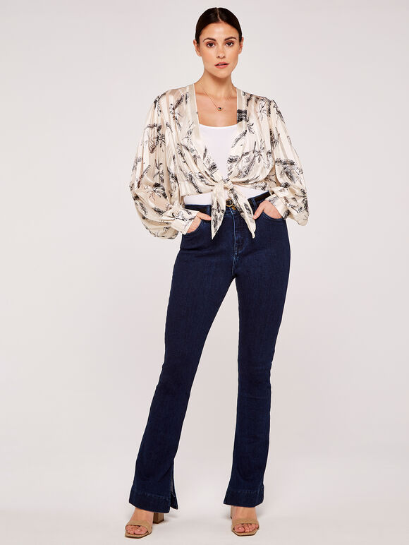Tropical Posy Front Tie Crop Top, Stone, large
