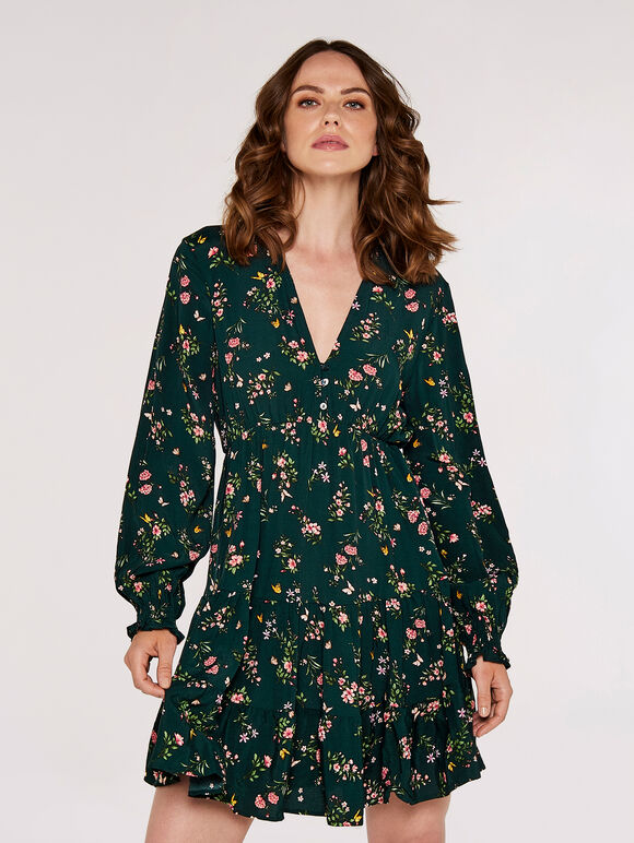 Floral Tiered Dress, Green, large