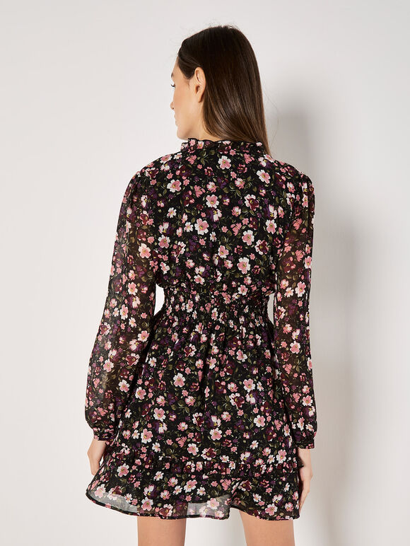 Floral Ruffle Chiffon Mini Dress, Black, large