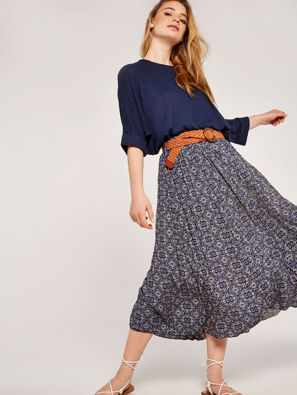 Belted Mosaic Midi Skirt, Navy, large