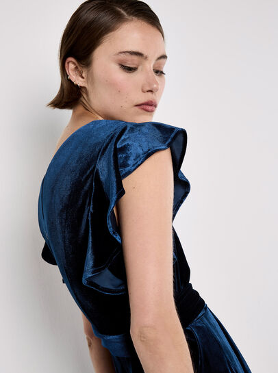 Wide Leg Velvet Ruffle Jumpsuit