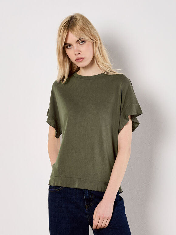 Ruffle Sleeve T-Shirt, Khaki, large