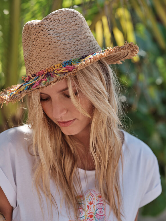 Fringed Straw Mexico Hat, Stone, large
