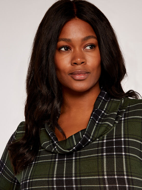 Curve Punk Check Button Dress, Green, large