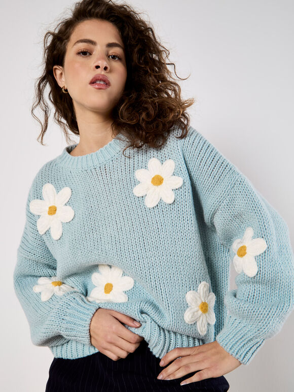 Embroidered Daisies Jumper, Blue, large