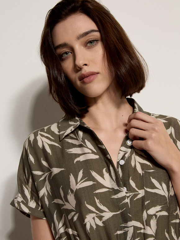 Textured Leaf Shirt Midi Dress, Khaki, large