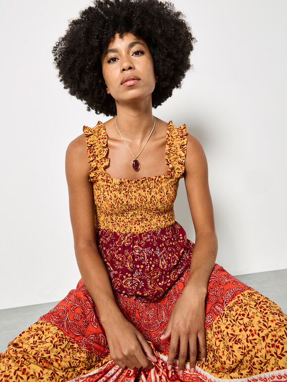 Patchwork Floral Paisley Maxi Dress, Orange, large