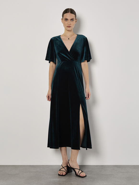 Velvet Wrap Maxi Dress, Green, large