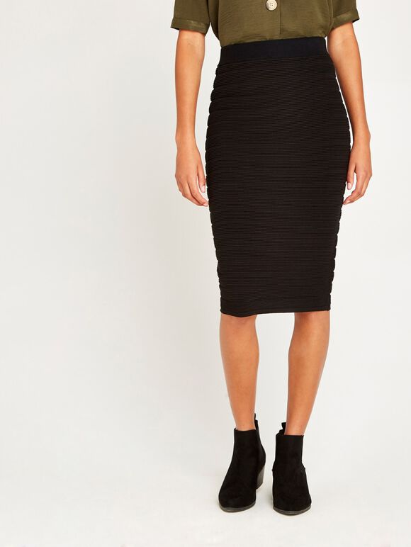 Black Ribbed Bodycon Pencil Skirt, Black, large