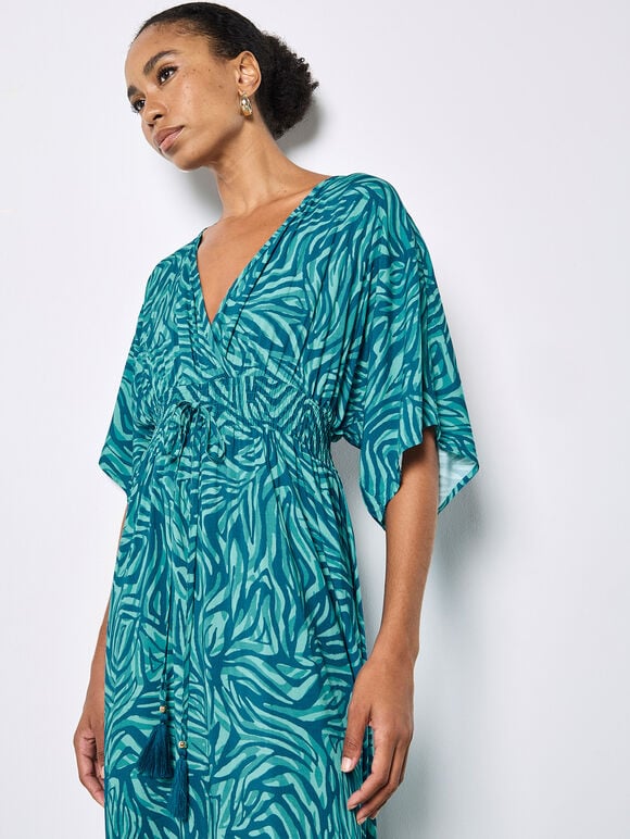 Zebra Print Kimono Midi Dress, Teal, large