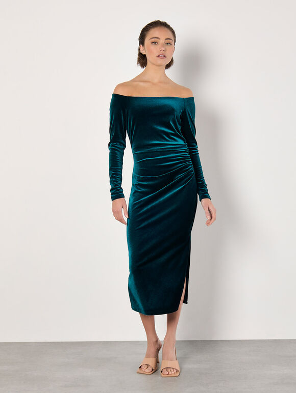 Bardot Velvet Midi Dress, Green, large