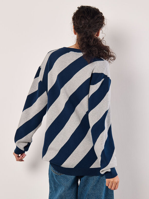 Diagonal Stripe Knitted Jumper, Navy, large