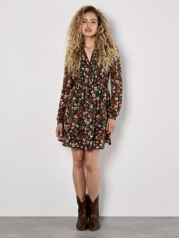 Floral Ruffle Chiffon Mini Dress, Green, large