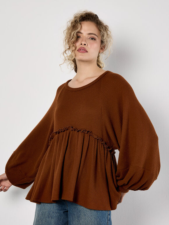 Waffle Knit Babydoll Oversized Top, Rust, large