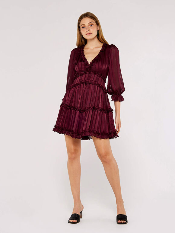 Ruffle Tiered Mini Dress, Burgundy, large