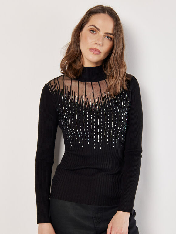 Gemstone Mesh Ribbed Jumper, Black, large