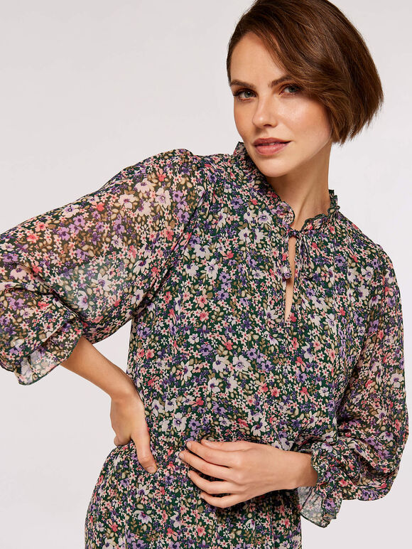 Watercolour Floral Midi Dress, Green, large