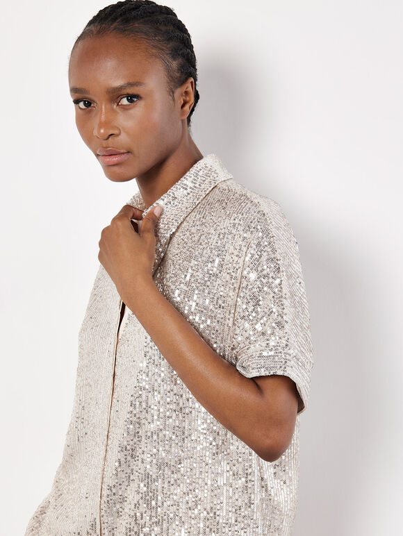 Sequin Embellished Relaxed Shirt, Stone, large