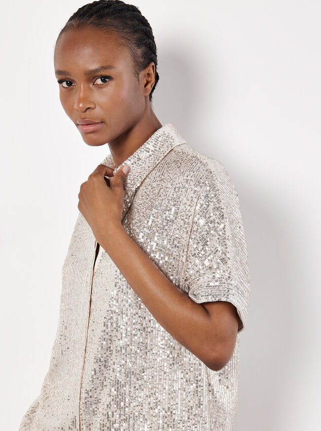 Sequin Embellished Relaxed Shirt, Stone, large