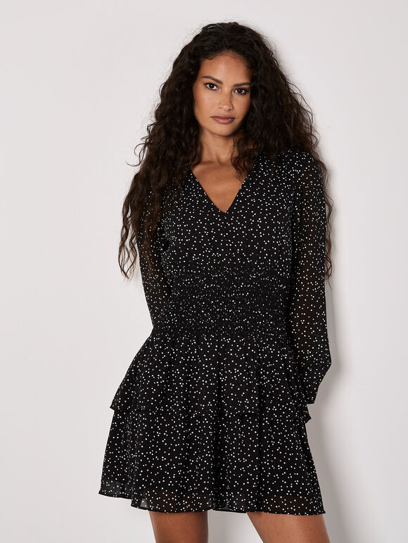 Spot Print Chiffon Mini Dress, Black, large